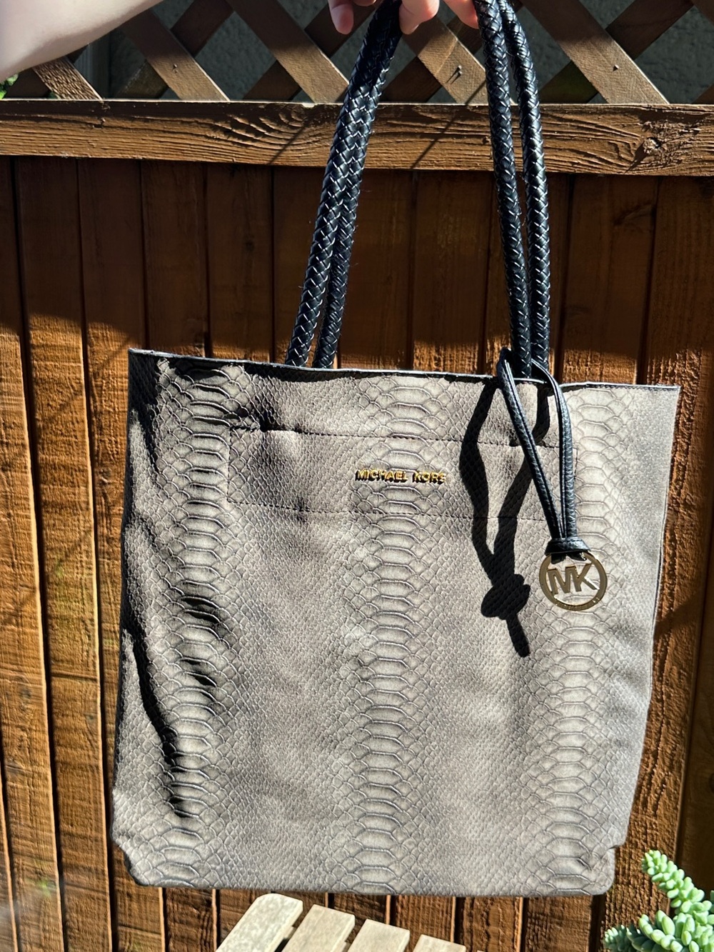 Michael Kors Gray Snake-Embossed Tote with Braided Handles